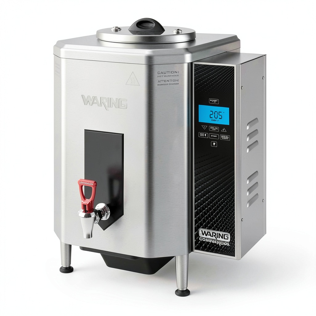 Waring Commercial hot water dispenser on a countertop with digital display