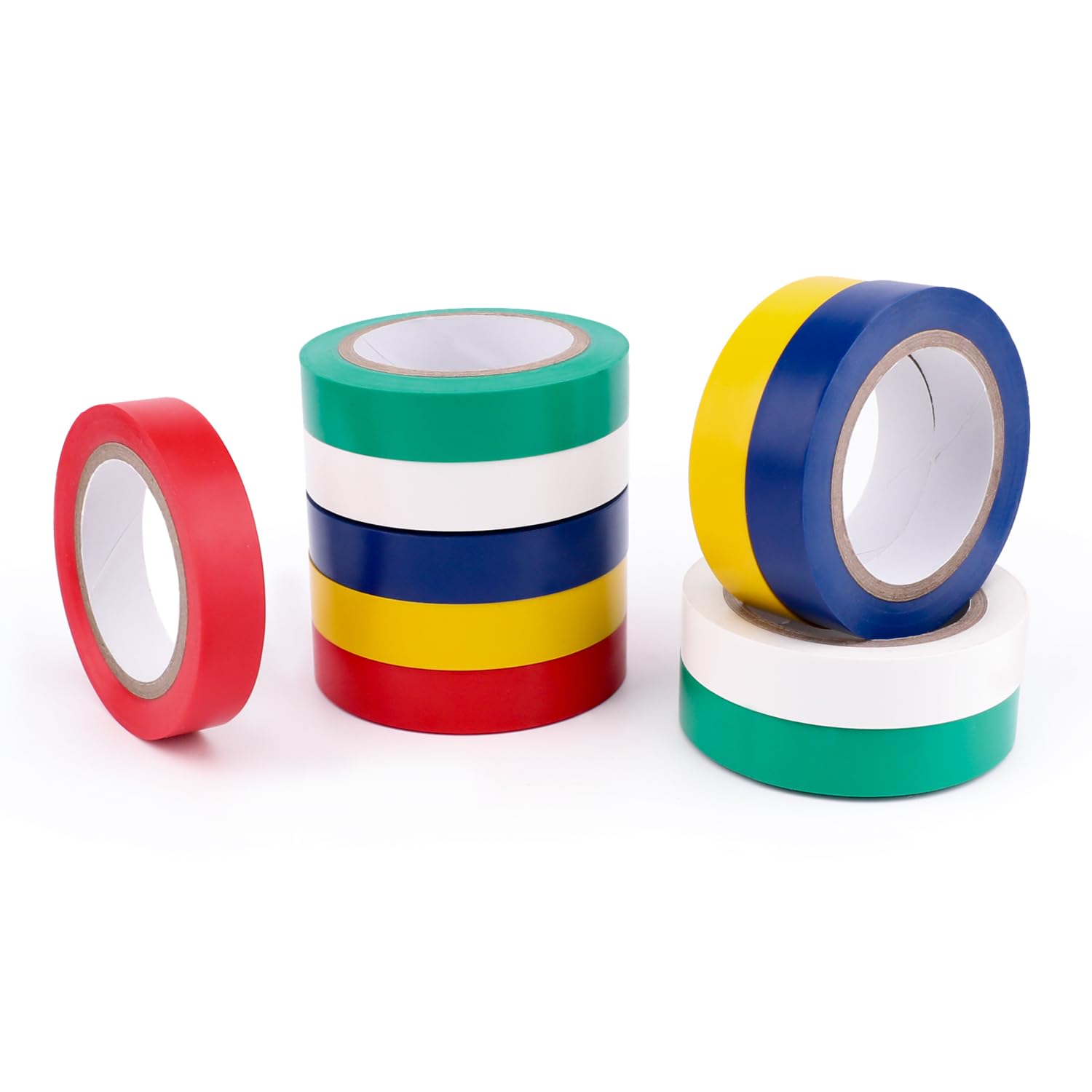 Amazon Basics electrical tape rolls in multiple colors on a workbench