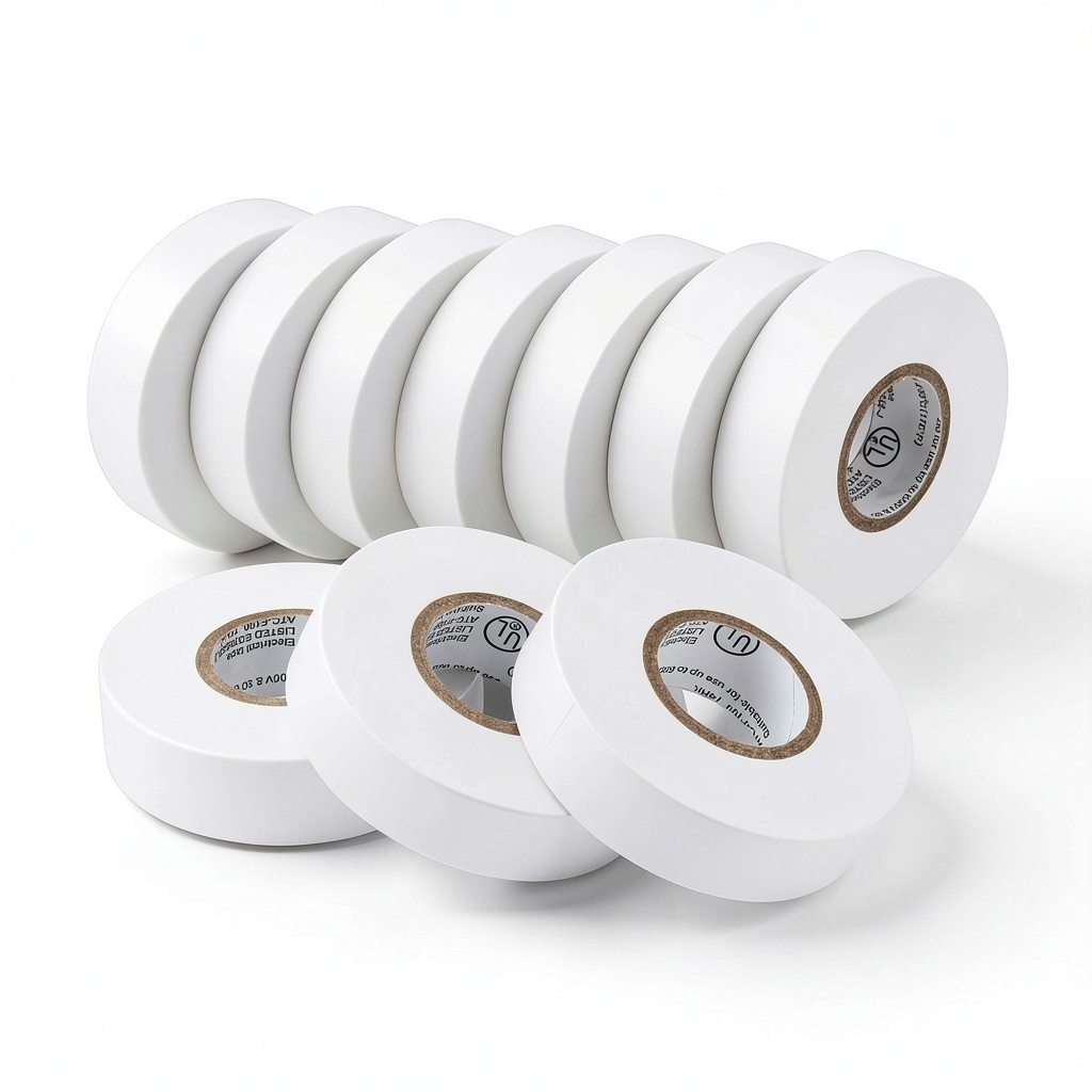 'Lichamp white vinyl electrical tape rolls displayed in a toolbox'