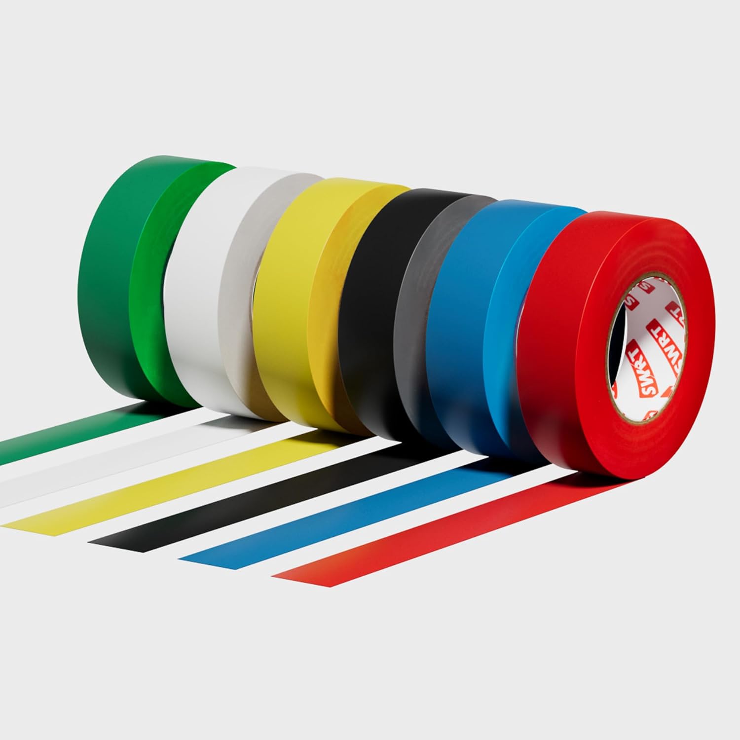 SWRT electrical tape in multiple colors on a workbench